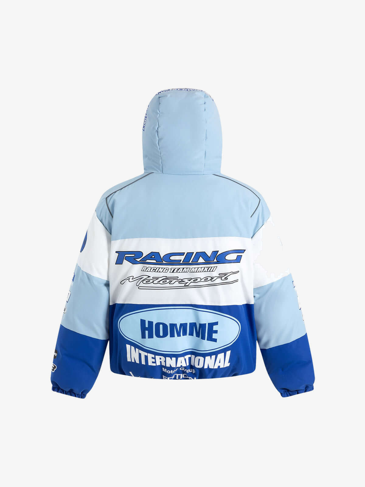Colour-Block Racing Pufferjacke – Blau, Rückansicht | XoKool
