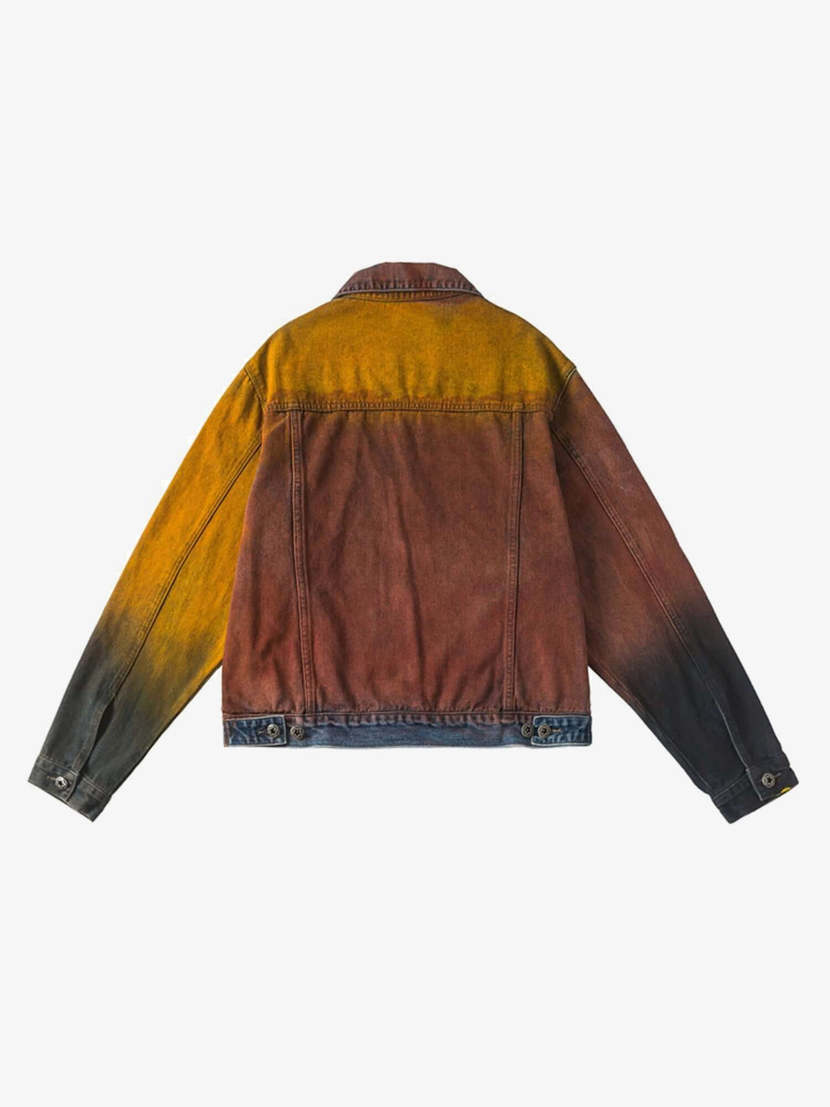 Jeans-Trucker-Jacke in Rost mit Sprühlack-Effekt – Rost, Rückseite flach mit gelber Passe | XoKool