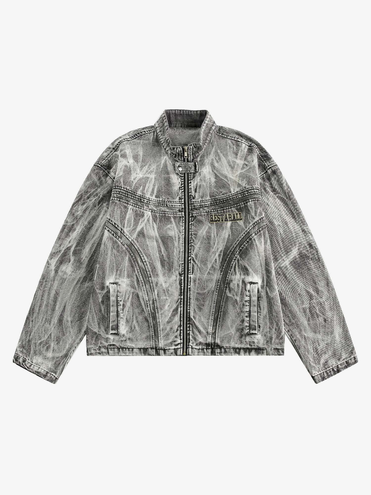 Acid Wash Jeansjacke mit Reißverschluss und Print am Rücken – Acid Wash Grau, Vorderansicht | XoKool