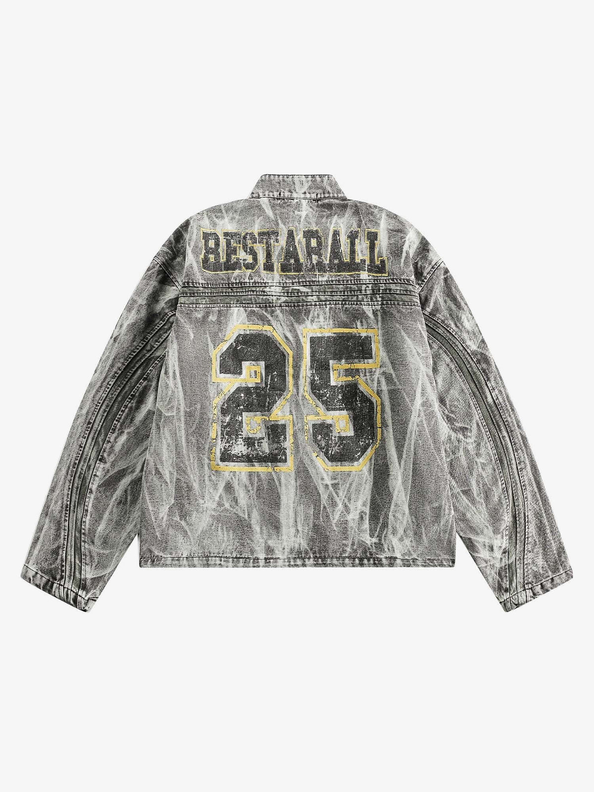 Acid Wash Jeansjacke mit Reißverschluss und Print am Rücken – Rückansicht mit 25er-Print | XoKool