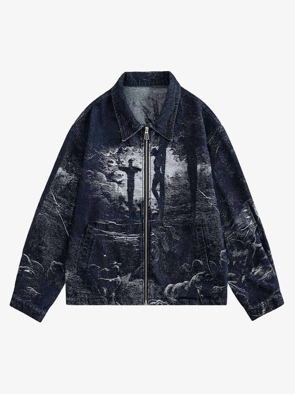 Jeansjacke mit Engel-Jacquard und Reißverschluss – Vorderansicht | XoKool