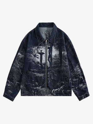 Jeansjacke mit Engel-Jacquard und Reißverschluss – Vorderansicht | XoKool