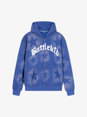 Hoodie con cierre y estampado de estrellas desteñido – Azul, vista frontal | XoKool