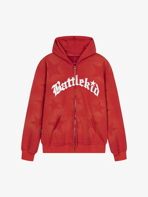 Hoodie con cierre y estampado de estrellas desteñido – Rojo, vista frontal | XoKool