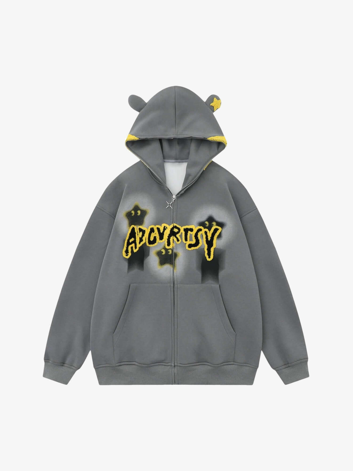 Star Zip Up Hoodie with Ears and Face Hood – Grey, front view | XoKool