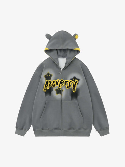Star Zip Up Hoodie with Ears and Face Hood