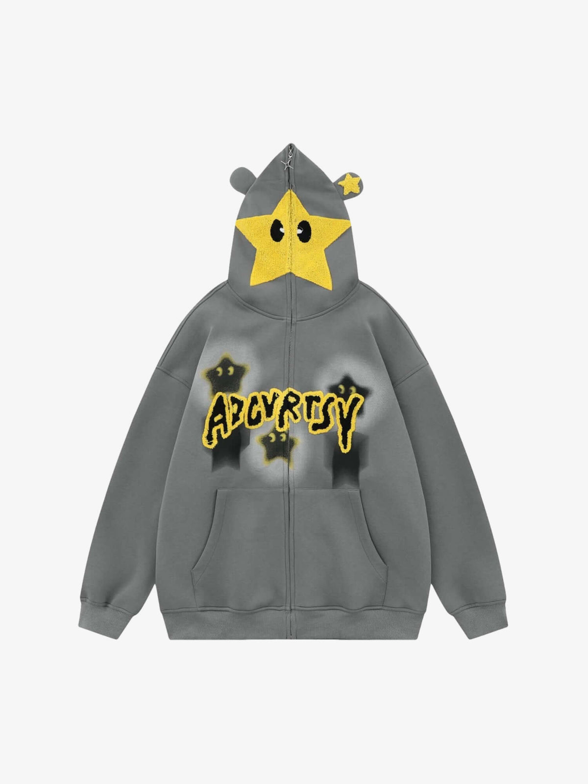 Star Zip Up Hoodie with Ears and Face Hood – Grey, front view, hood zipped | XoKool
