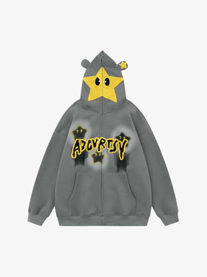 Zip Hoodie mit Stern, Ohren und Gesichtskapuze – Grau, Vorderansicht, Kapuze geschlossen | XoKool