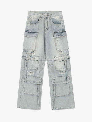 Ripped Multi-Pocket Cargo Jeans – Light Blue, front view | XoKool
