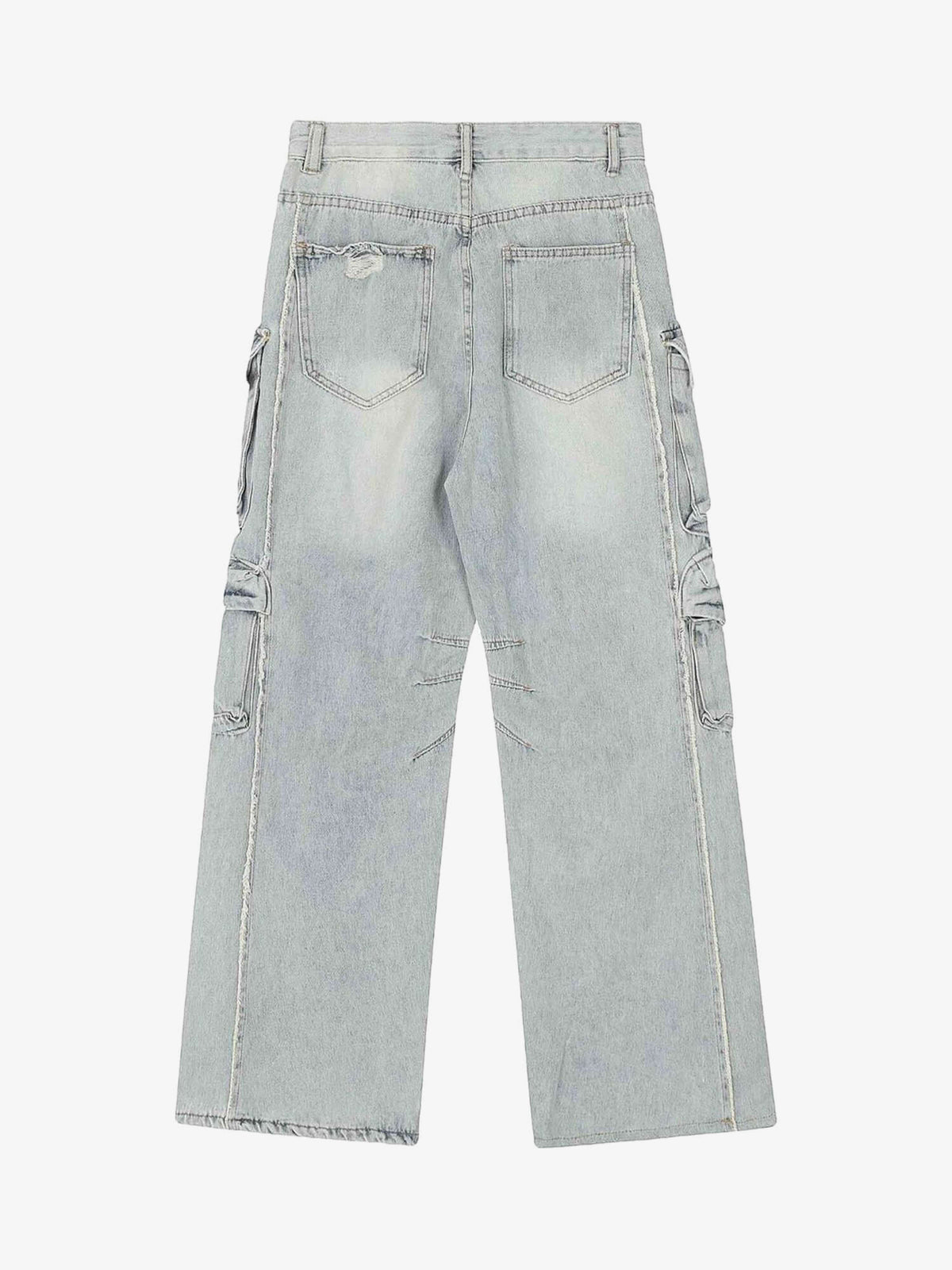 Ripped Multi-Pocket Cargo Jeans – Light Blue, back view | XoKool