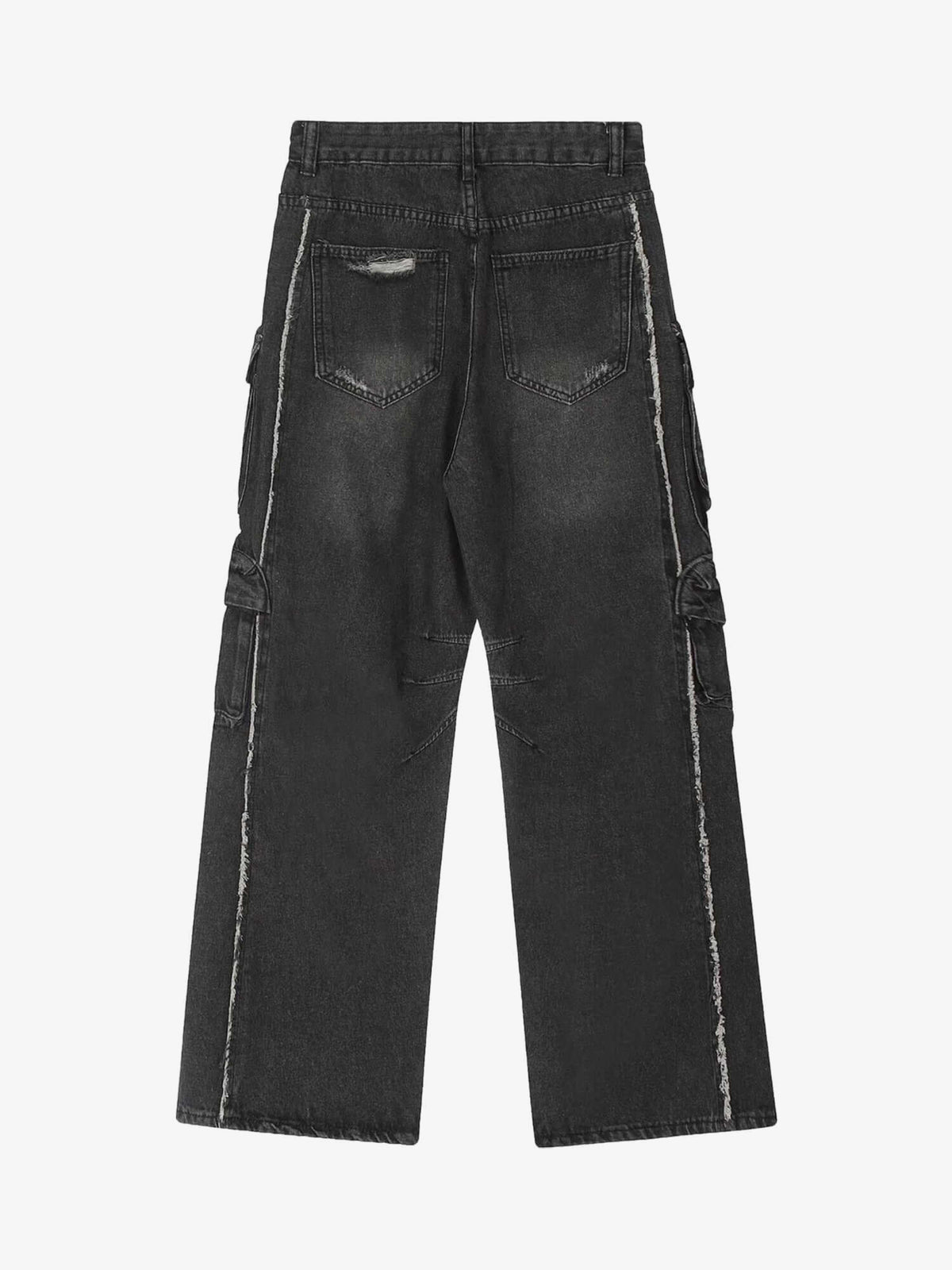 Ripped Multi-Pocket Cargo Jeans – Washed Black, back view | XoKool