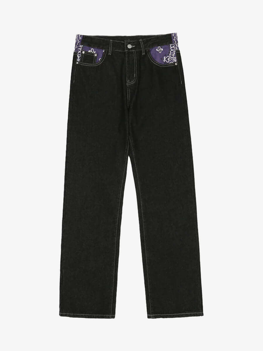 Black Straight Leg Jeans with Bandana Waistband – Black, front view 2 | XoKool