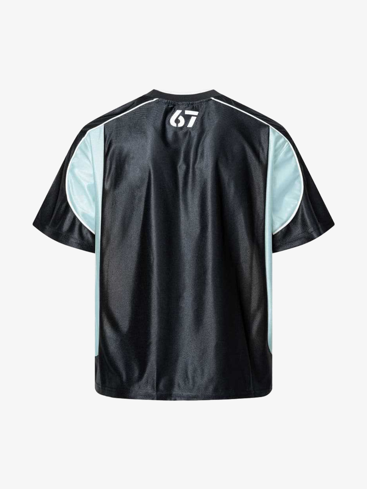 Black Satin Soccer Jersey with Blue Side Panels – back view | XoKool