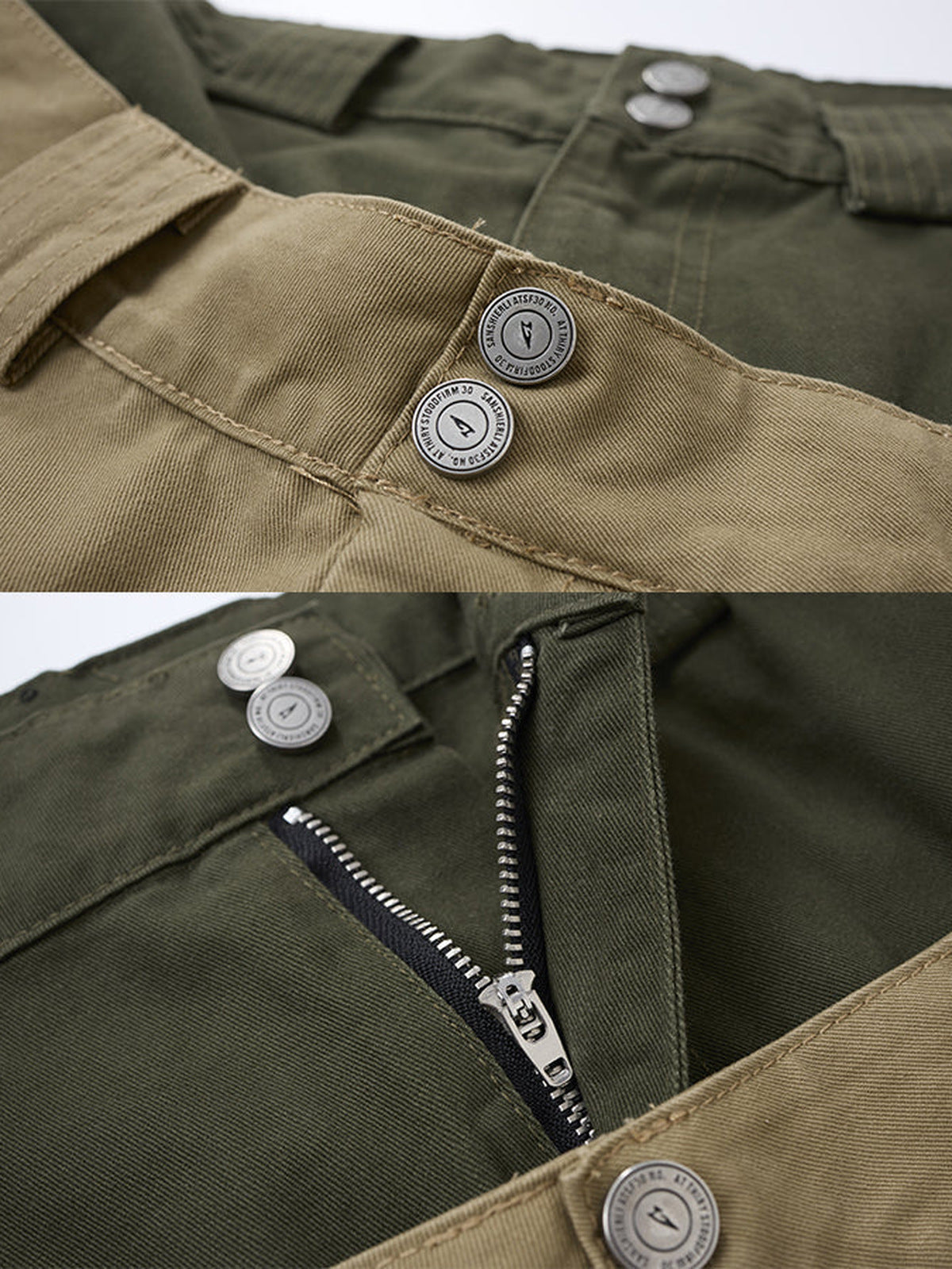 Khaki Ballonhose mit doppeltem Bund – Knopf und Reißverschluss im Detail | XoKool