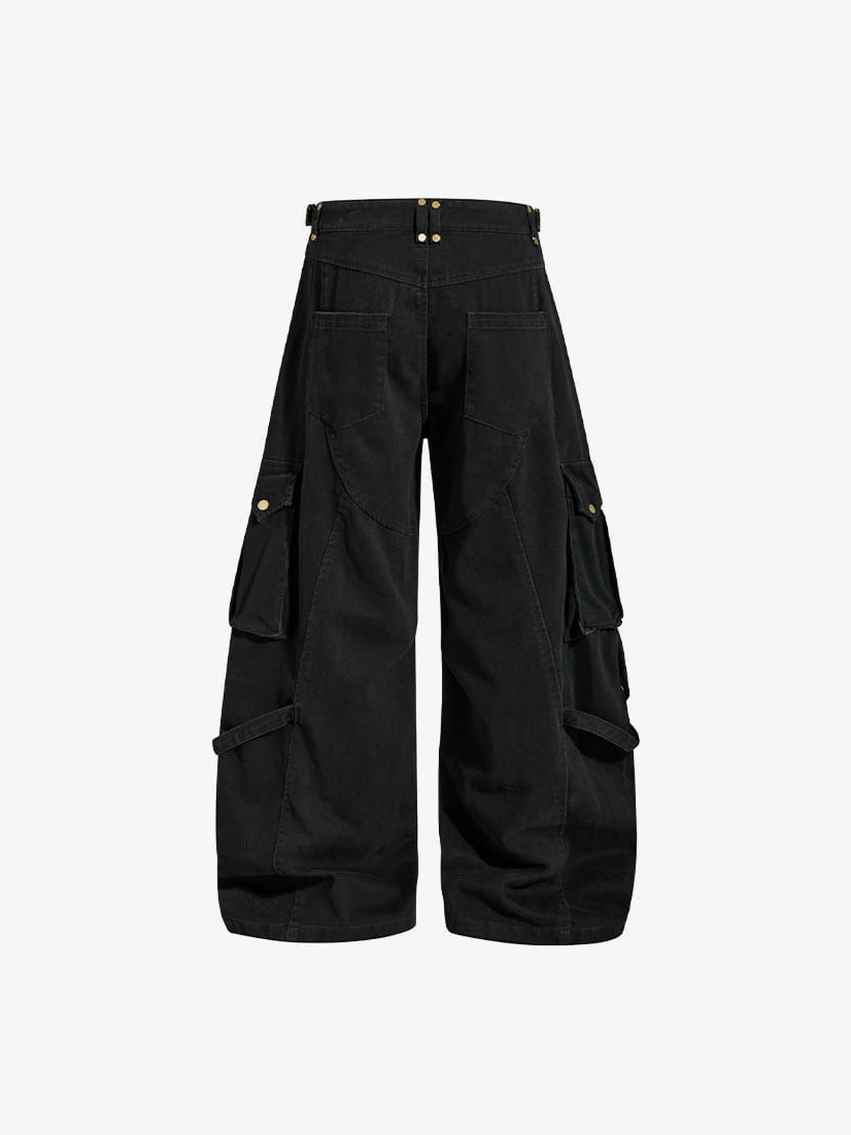 Khaki Wide Leg Cargo Pants with Buckle Tabs – Black, back view | XoKool