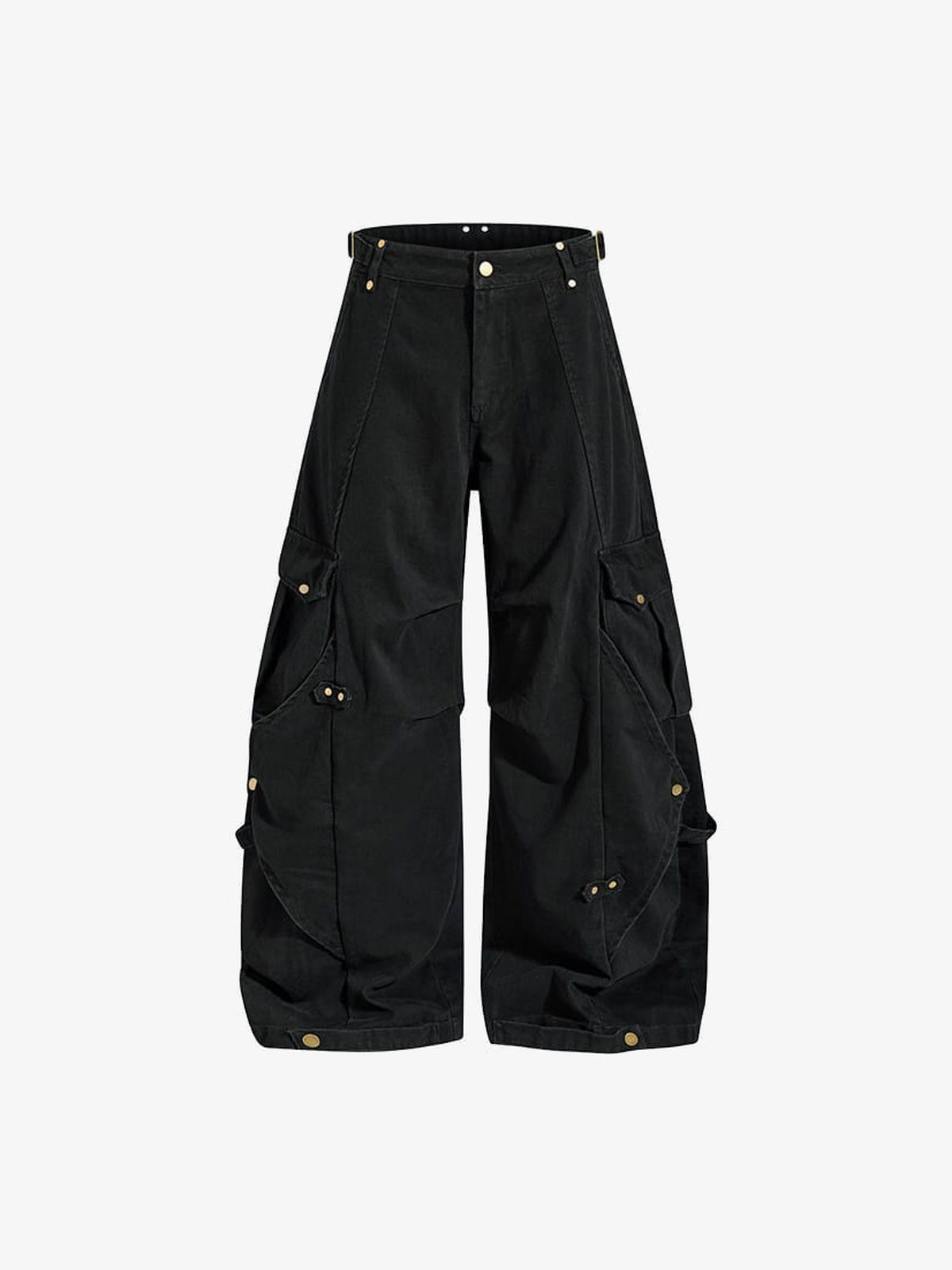 Khaki Wide Leg Cargo Pants with Buckle Tabs – Black, front view | XoKool