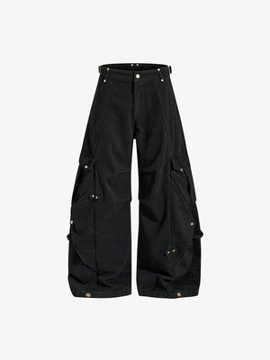 Khaki Wide Leg Cargo Pants with Buckle Tabs – Black, front view | XoKool