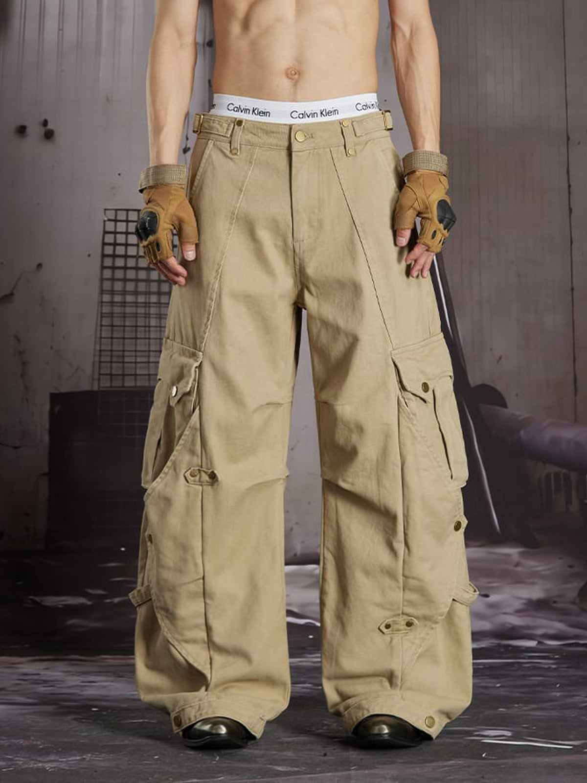 Khaki cargo pants – Khaki, on model front | XoKool