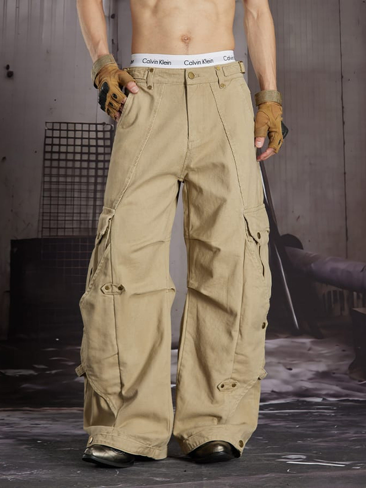 Khaki cargo pants – Khaki, on model front | XoKool