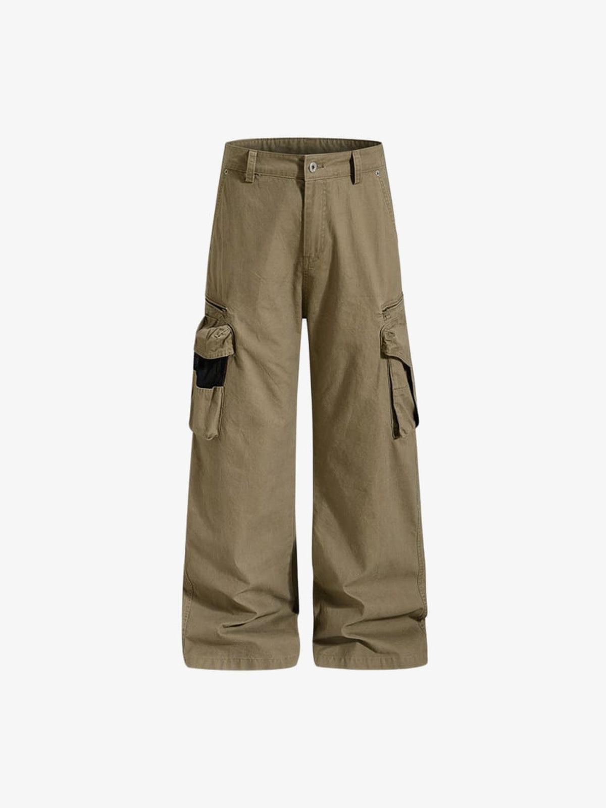 Khaki Wide Leg Cargohose mit Mesh-Taschen – Khaki, flach von vorn | XoKool