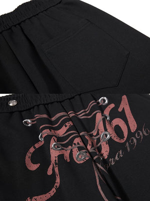 Lace-up sweatpants – Black, back pocket and print close-up | XoKool