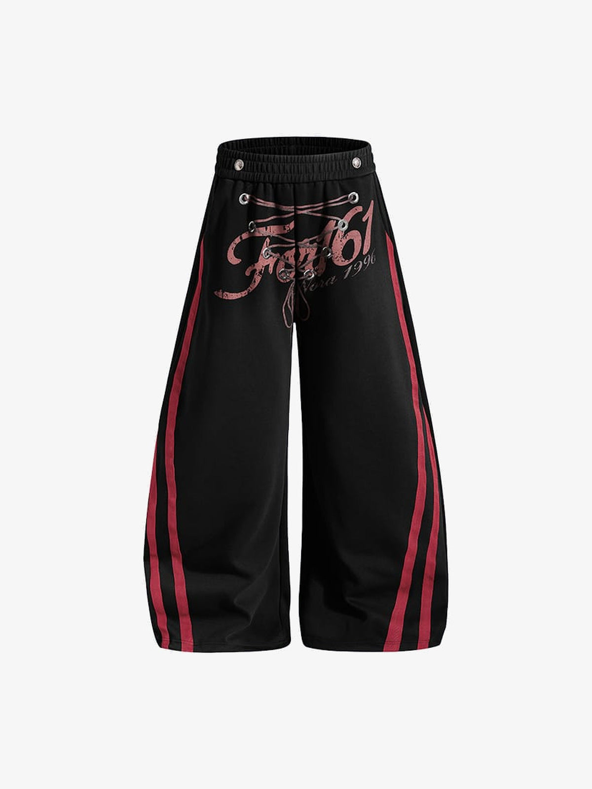 Lace-Up Barrel Leg Sweatpants with Red Stripes – Black, front view | XoKool