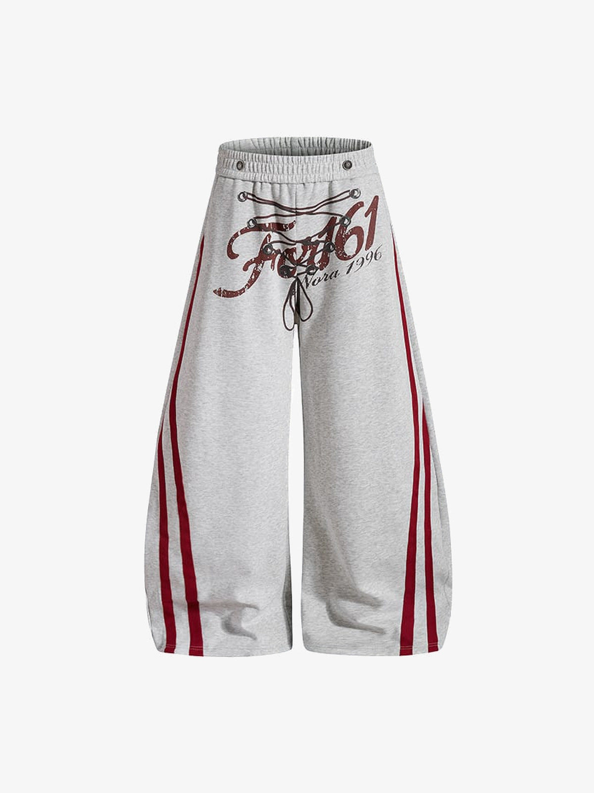 Lace-Up Barrel Leg Sweatpants with Red Stripes – Grey, front view | XoKool