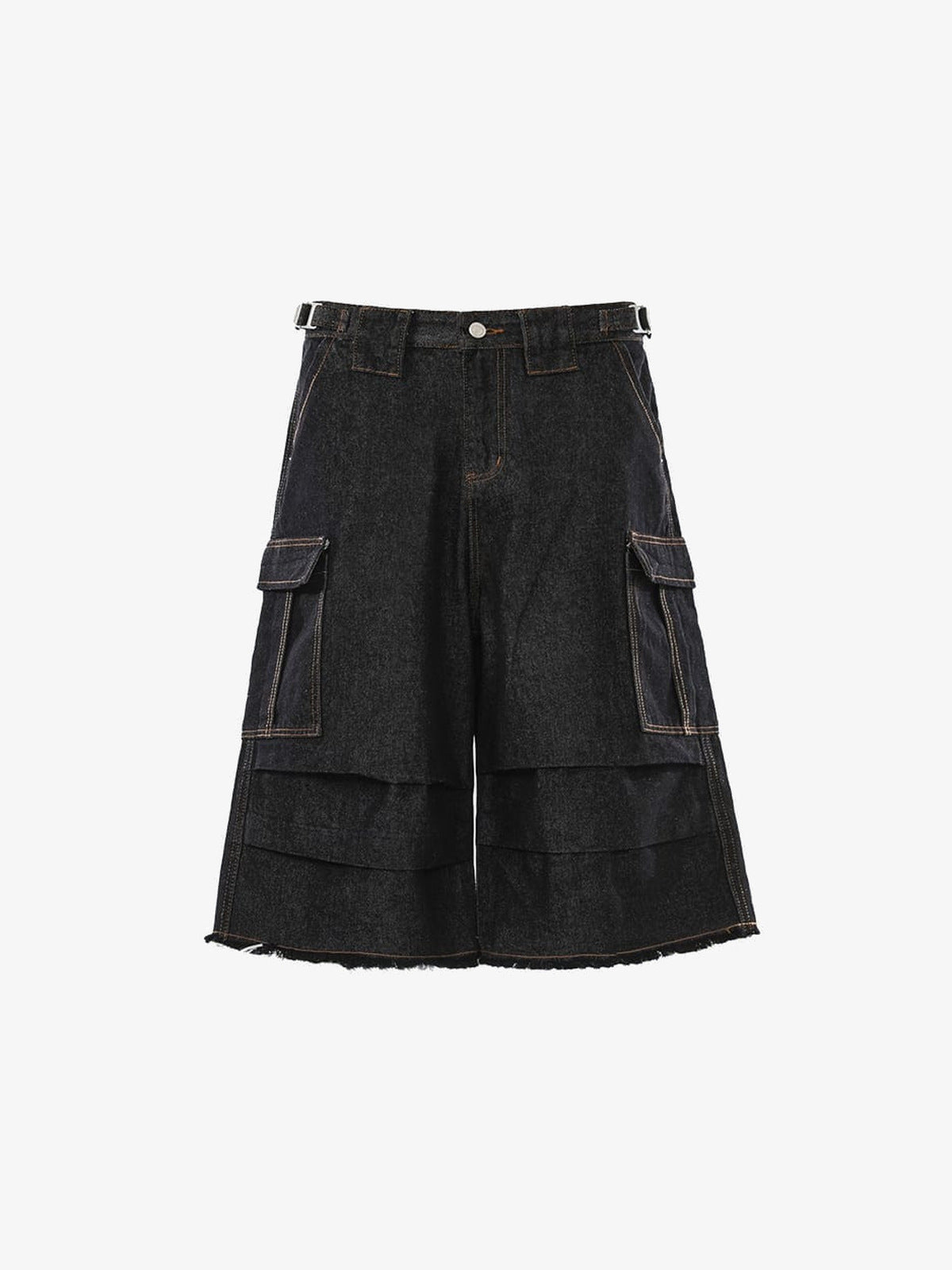 Layered Baggy Cargo Jorts mit Raw Hem – Schwarz, Vorderseite flach | XoKool