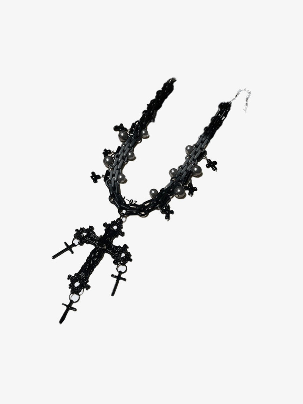 Mehrlagiger schwarzer Choker mit Kreuzen und Perlen – schwarze Kette, flach | XoKool