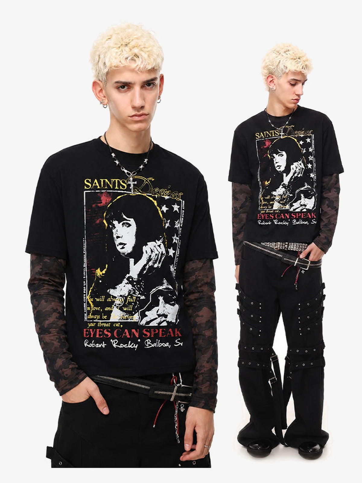 Layered Camo Longsleeve mit Portrait-Print – am Model, Vorderansicht im Ganzkörperlook | XoKool