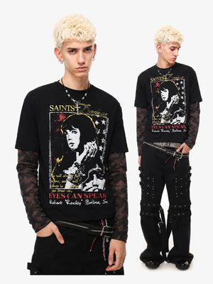 Layered Camo Longsleeve mit Portrait-Print – am Model, Vorderansicht im Ganzkörperlook | XoKool