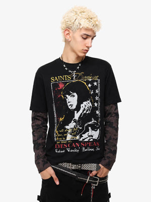 Layered Camo Longsleeve mit Portrait-Print – am Model, Vorderansicht | XoKool