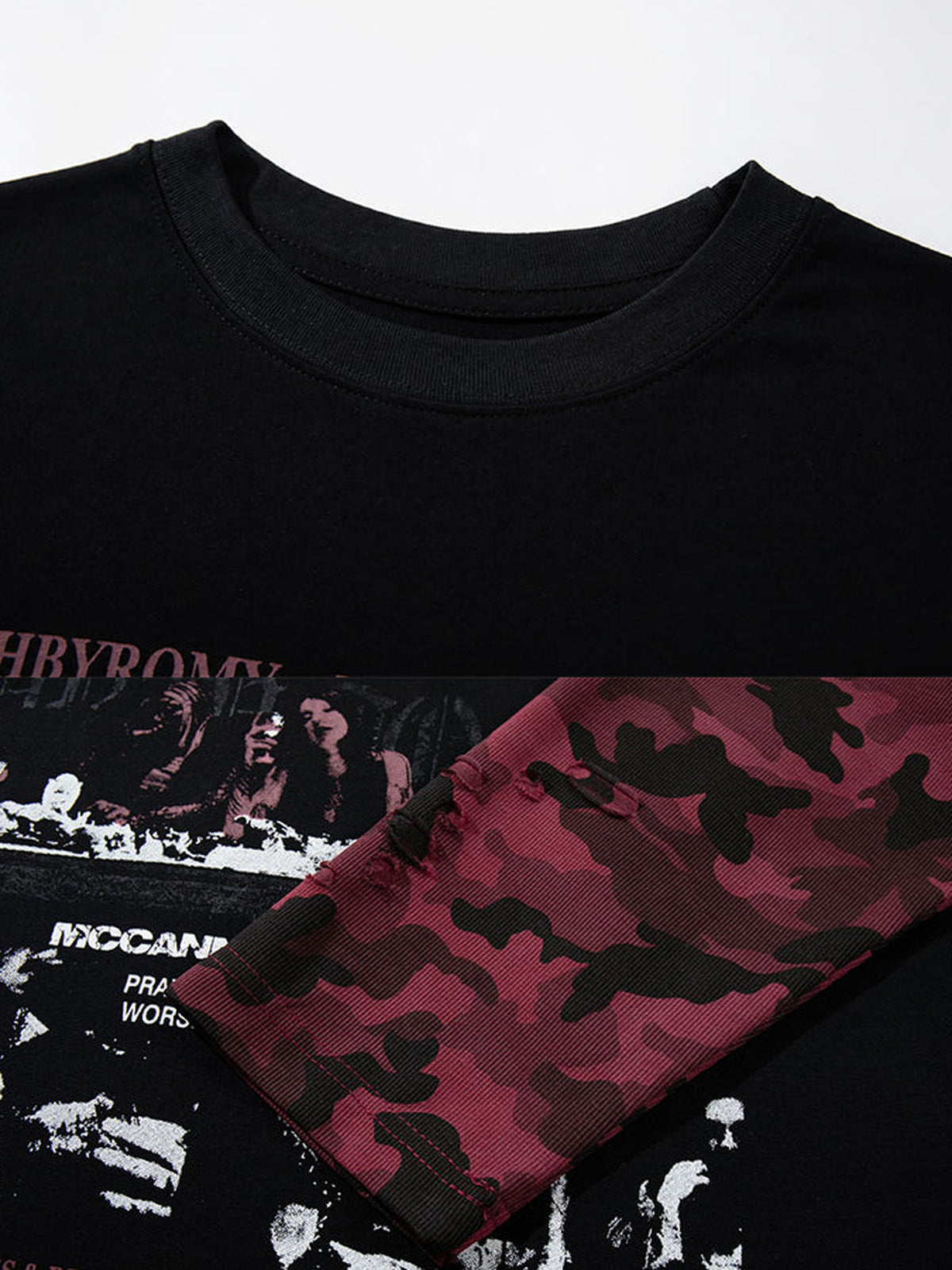 Camo Longsleeve im Layered-Look mit Poster-Print – Nahaufnahme von Kragen, Print und Camo-Ärmel | XoKool