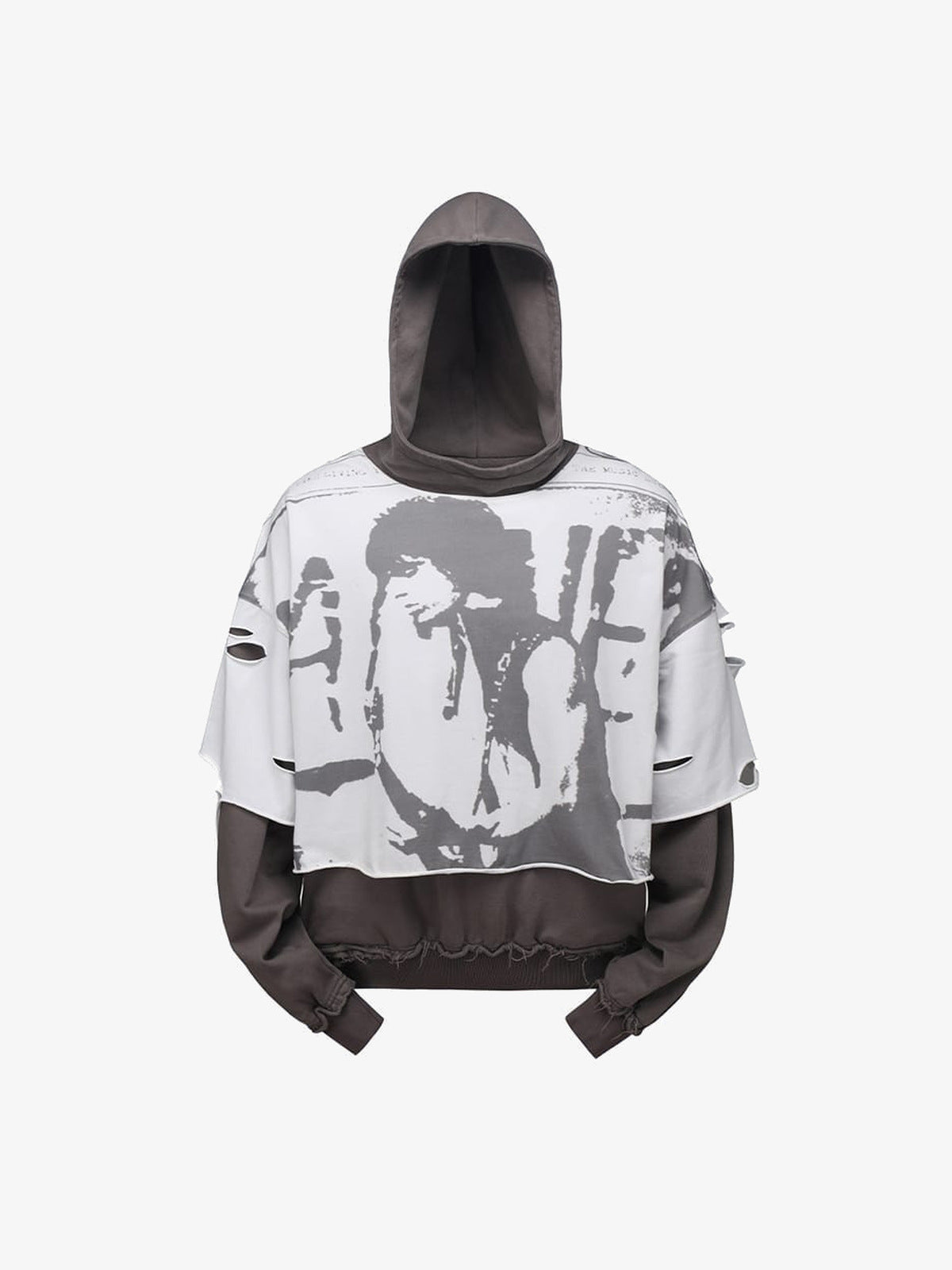 Layered Grunge Hoodie mit Gesicht-Print-Overlay – vorne flach | XoKool