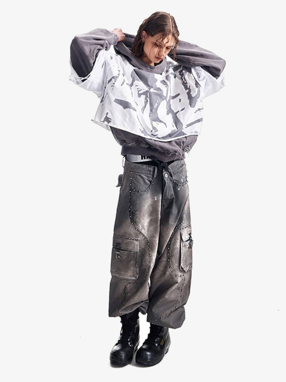 Layered hoodie – on model, full body, arms raised | XoKool