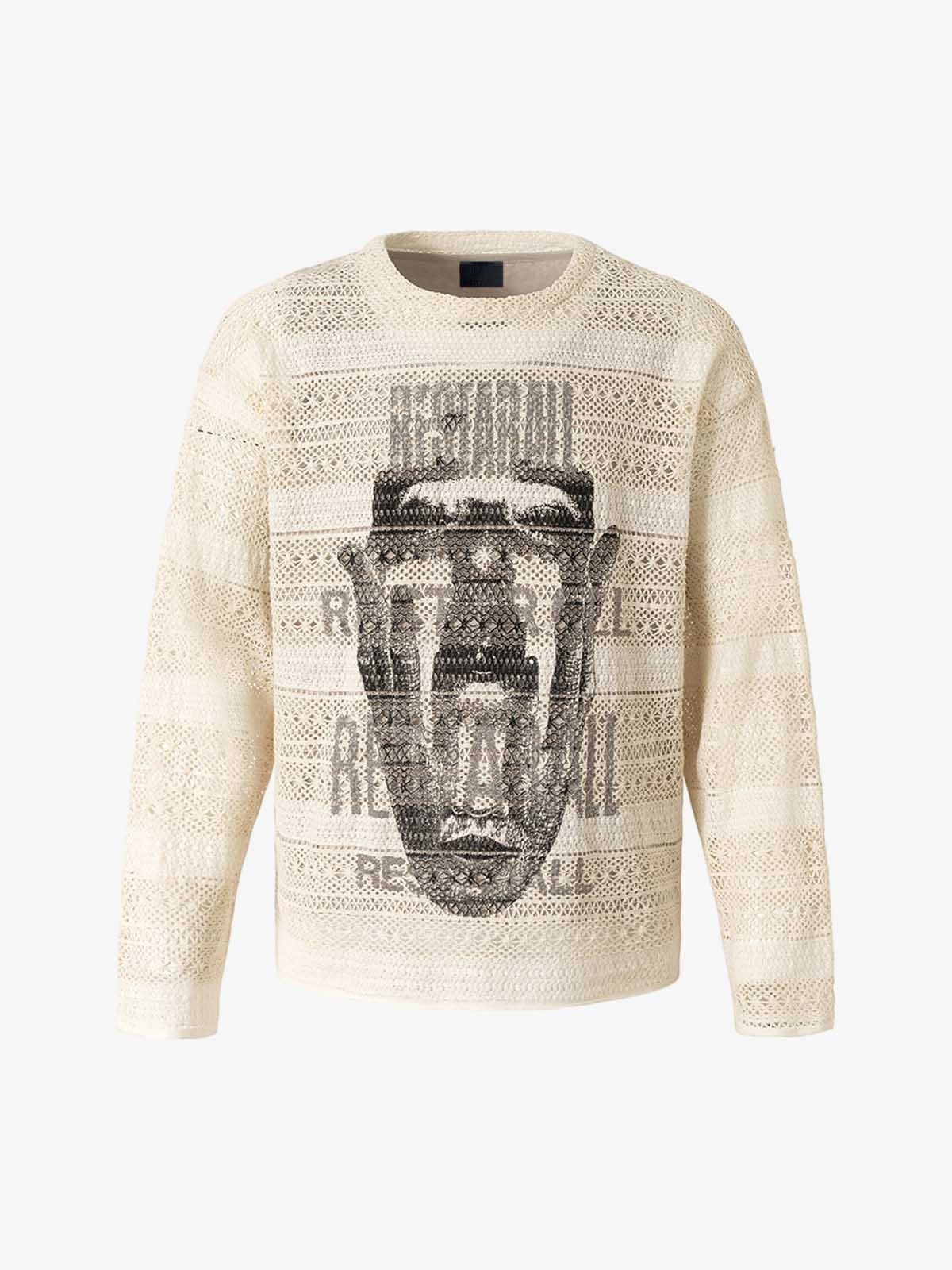 Layered Lace Knit Face Graphic Sweater – Beige, front view | XoKool
