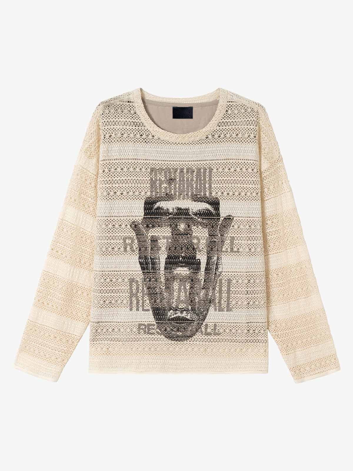 Layered Lace Knit Face Graphic Sweater – Beige, front flat lay with lining | XoKool
