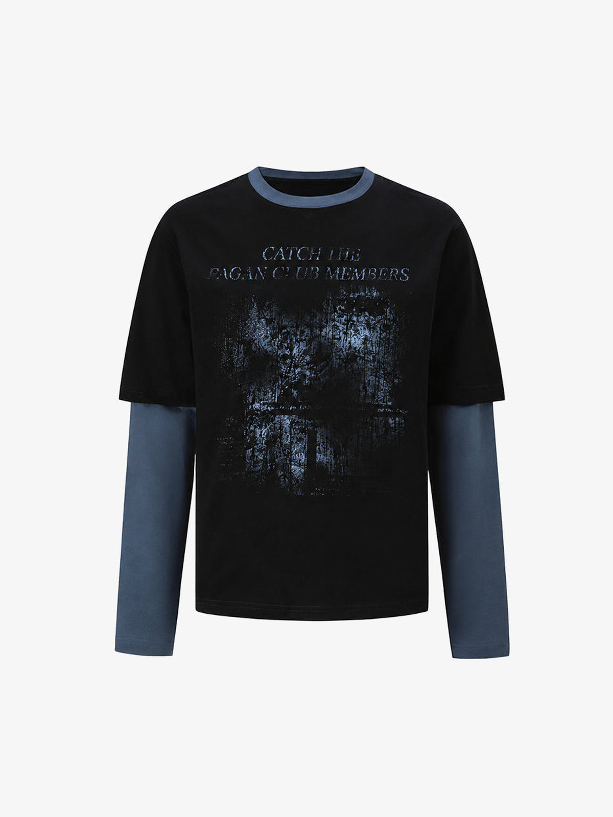 Layered Longsleeve mit Faded-Foto-Print – Schwarz / Schieferblau, Vorderseite flach | XoKool