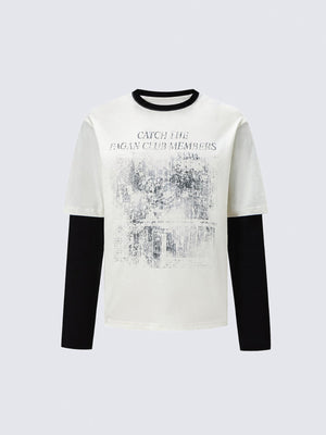 Layered Longsleeve mit verblasstem Foto-Print – Weiß / Schwarz, Vorderseite flach | XoKool