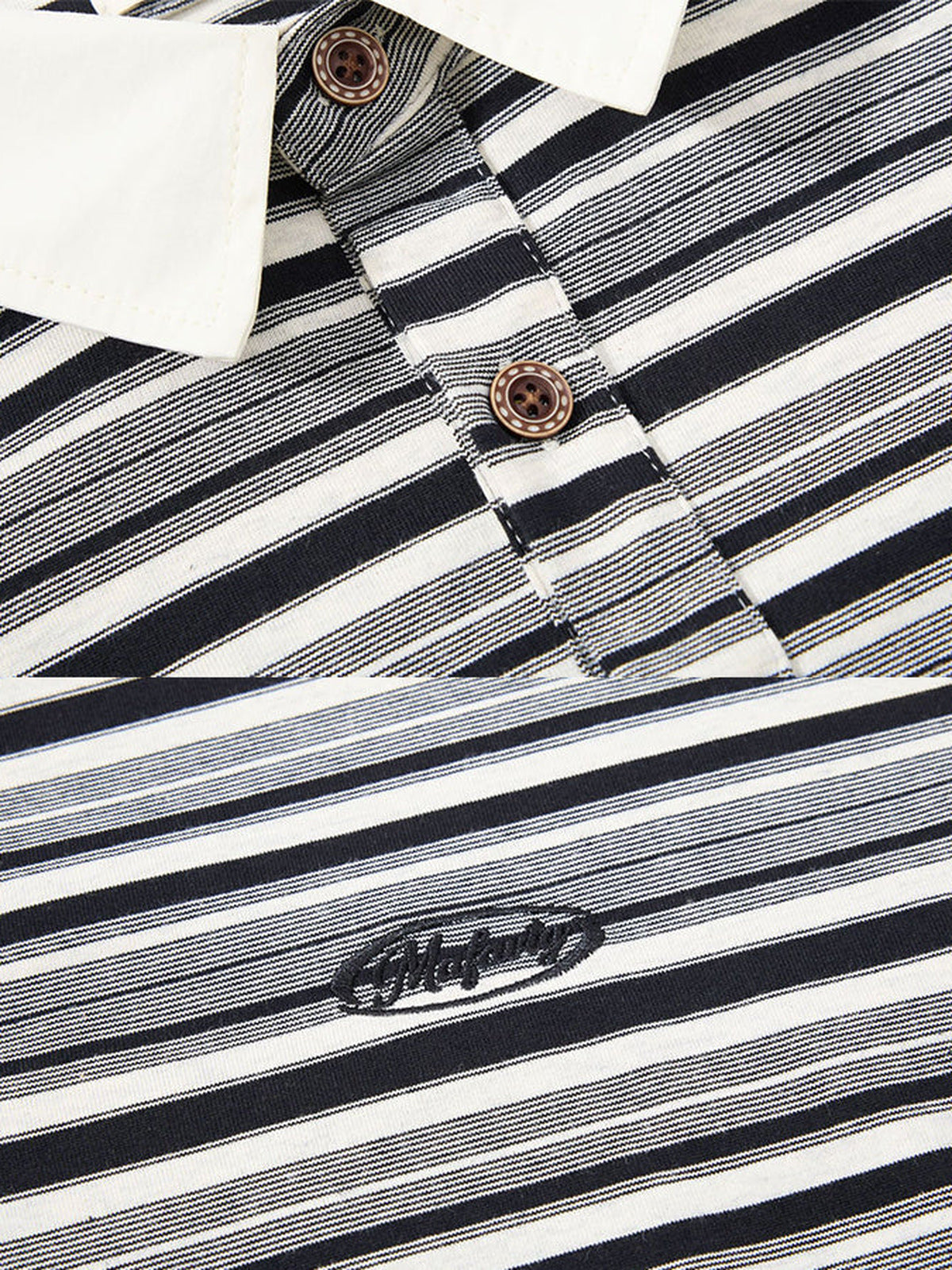 Gestreiftes Poloshirt – Black Grey Stripe, Nahaufnahme Kragen und Brustemblem | XoKool