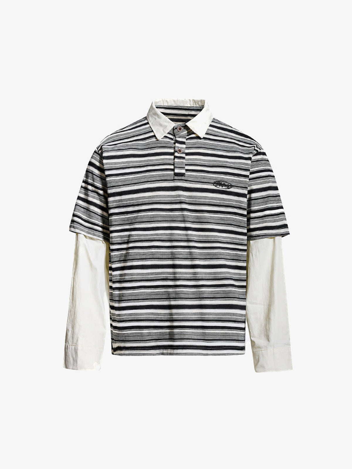 Layered Gestreiftes Longsleeve Poloshirt – Black Grey Stripe, Vorderseite flach | XoKool