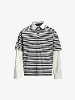 Layered Gestreiftes Longsleeve Poloshirt – Black Grey Stripe, Vorderseite flach | XoKool