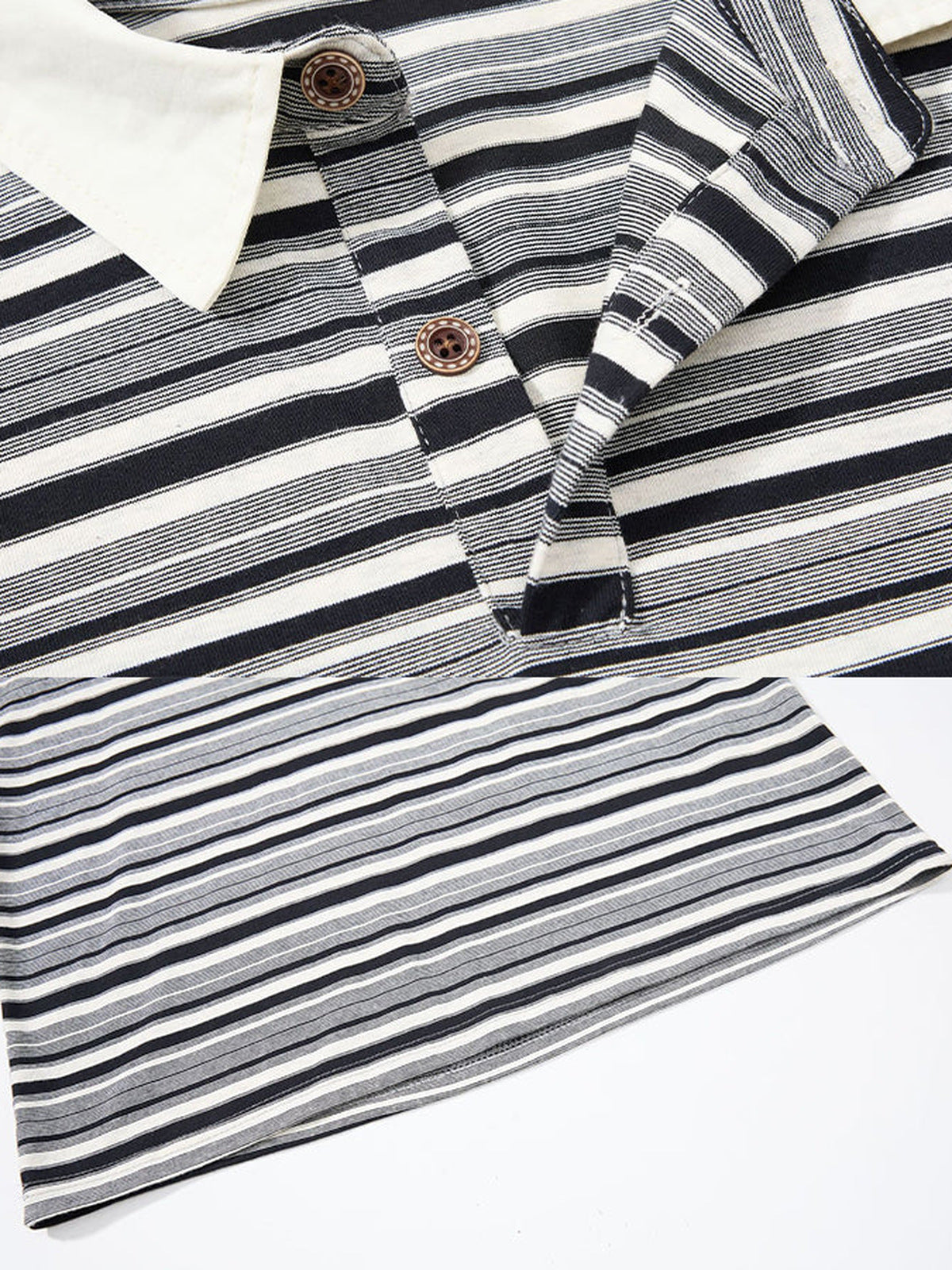 Gestreiftes Poloshirt – Black Grey Stripe, Nahaufnahme Knopfleiste und Saum | XoKool