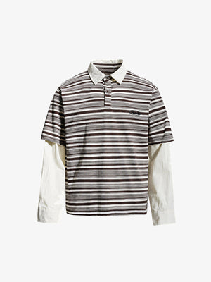 Layered Gestreiftes Longsleeve Poloshirt – Brown Stripe, Vorderseite flach | XoKool