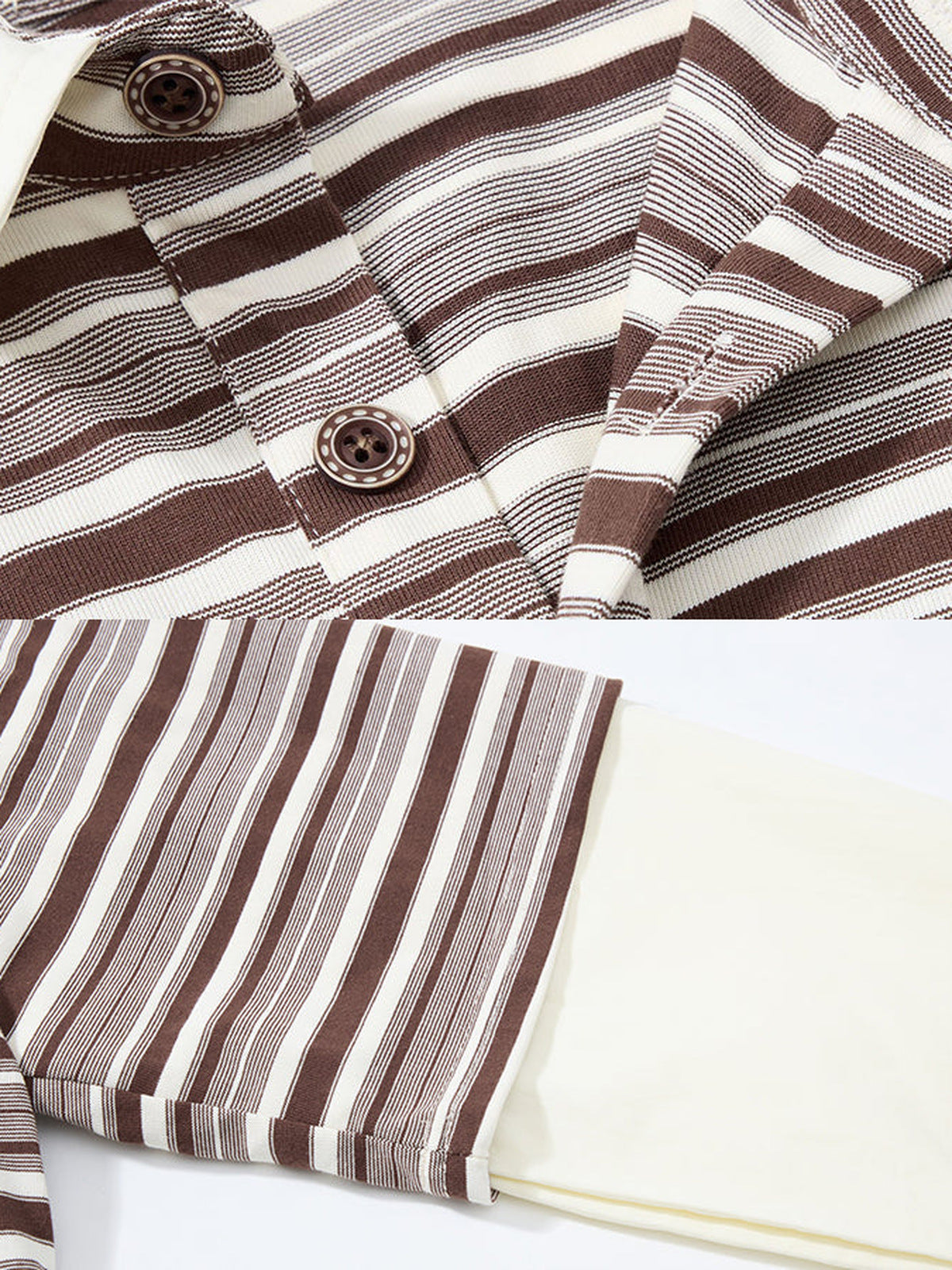 Gestreiftes Poloshirt – Brown Stripe, Nahaufnahme Knopfleiste und Ärmel | XoKool