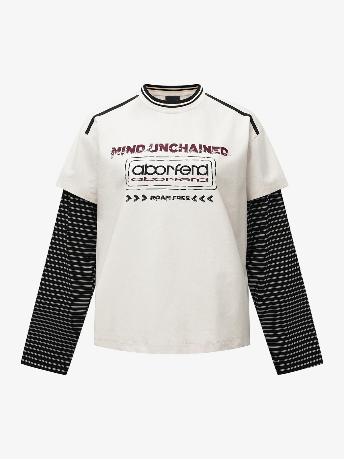 Layered Long Sleeve Tee with Striped Sleeves – Cream, front view | XoKool