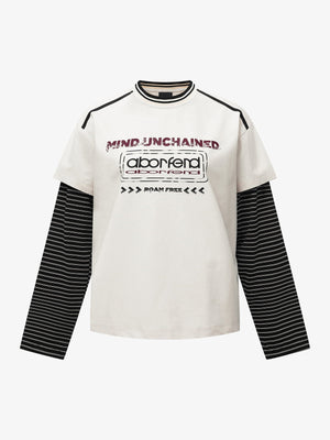 Layered Long Sleeve Tee with Striped Sleeves – Cream, front view | XoKool