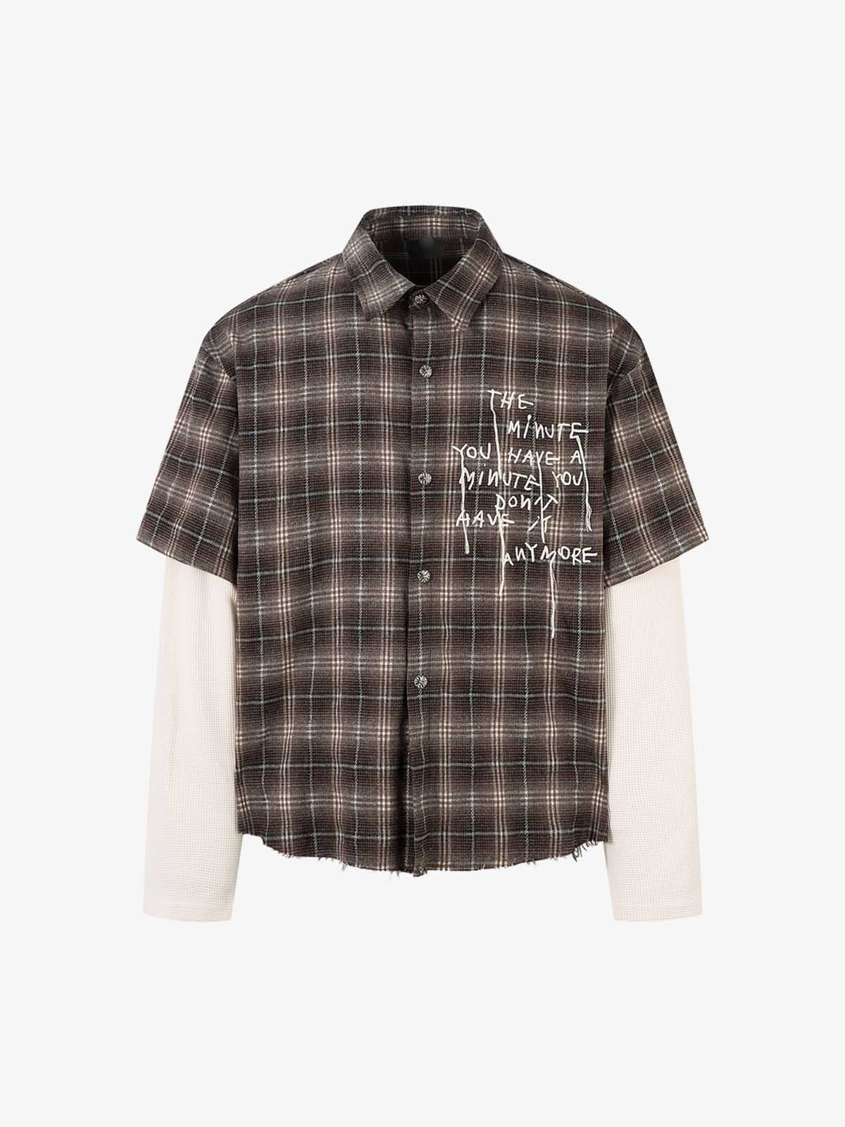 Layered Plaid Shirt with Waffle Knit Sleeves – Brown Plaid, front view | XoKool