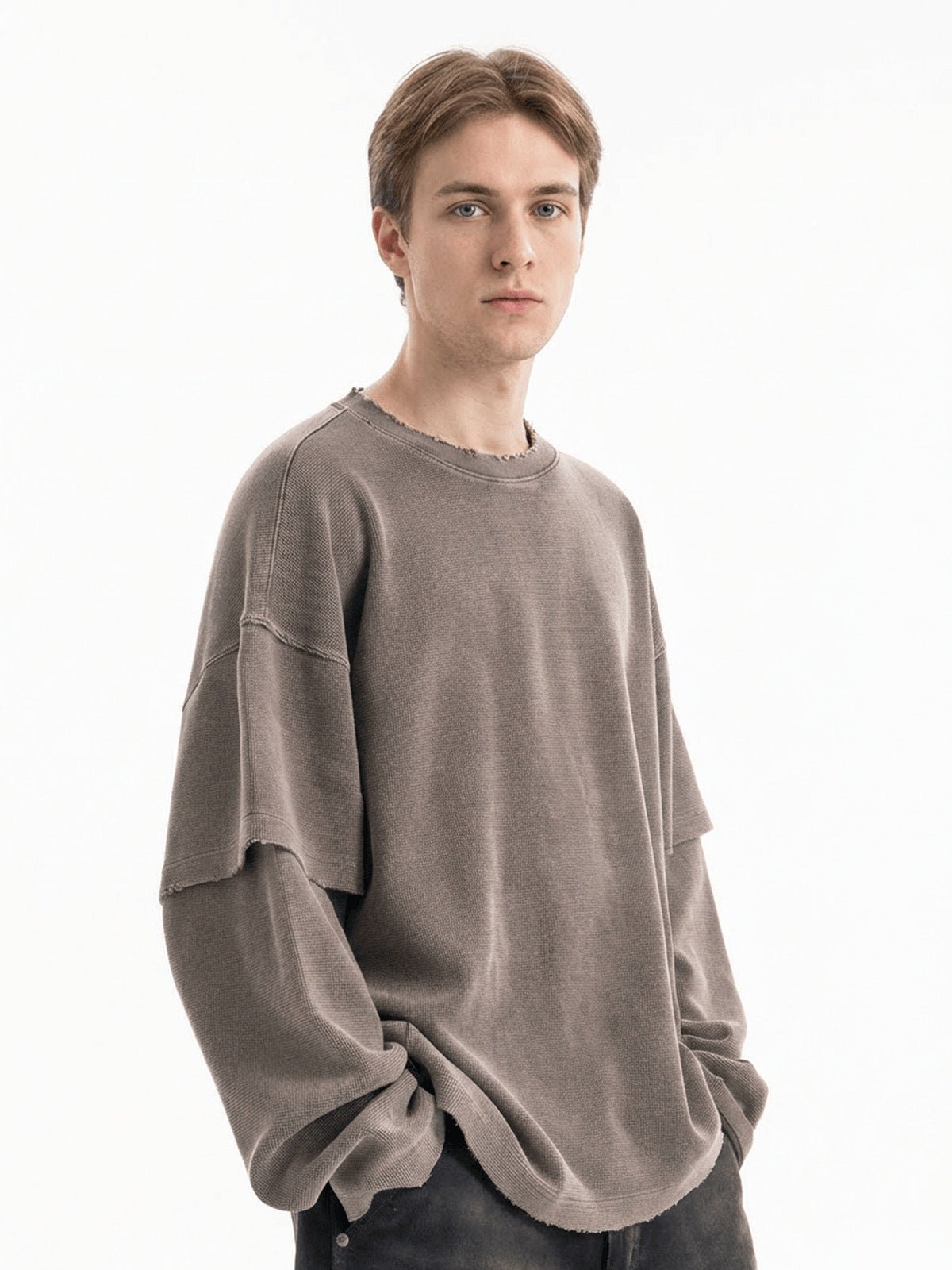 Waffle Knit Long Sleeve Tee – Coffee Brown, on model front | XoKool