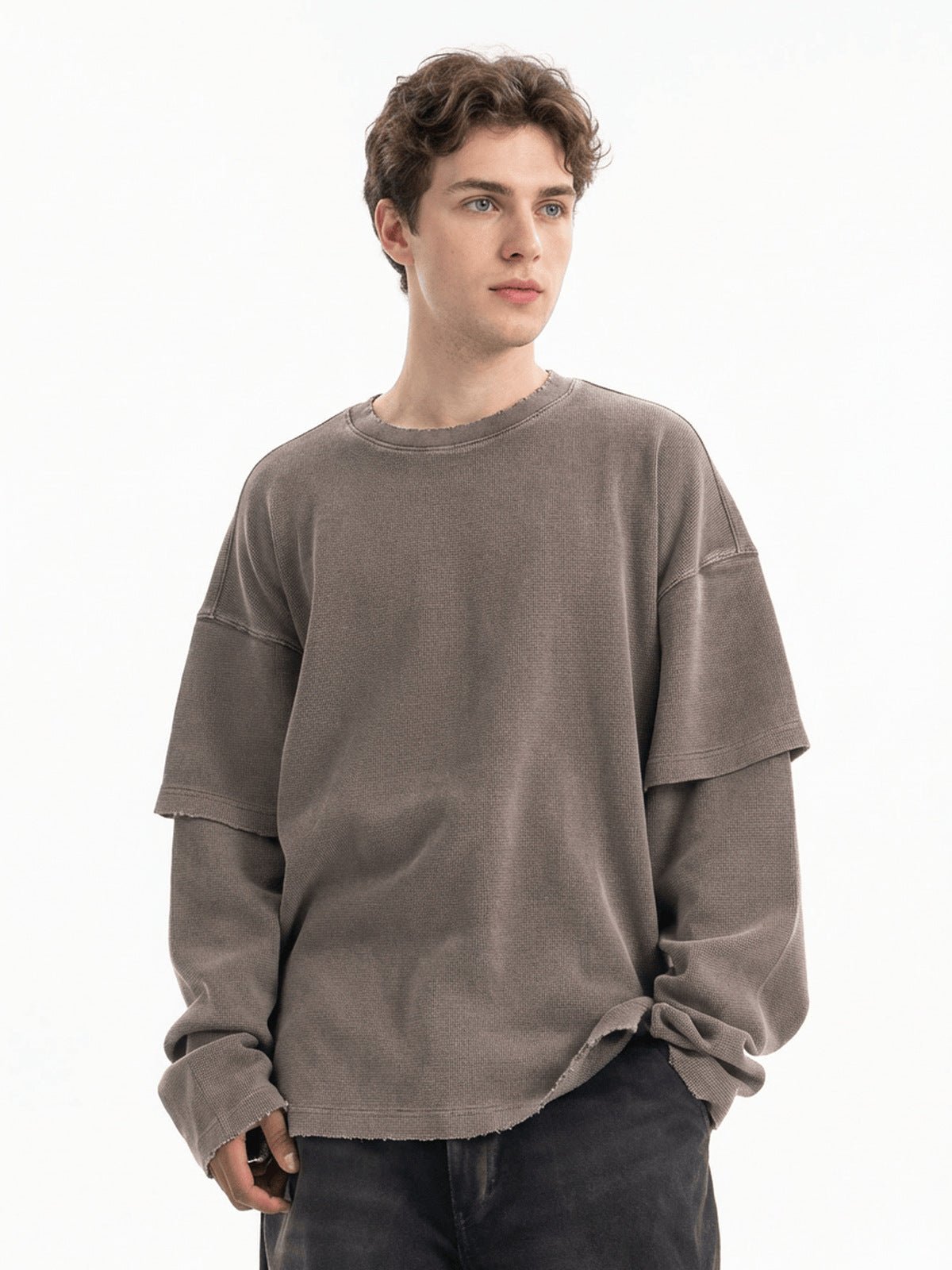 Layered Waffle Knit Long Sleeve Tee – Coffee Brown, on model front | XoKool